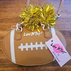 Betsey Johnson LBHIKE Brown Football Shaped Crossbody Satchel + Gold Pompoms NWT
